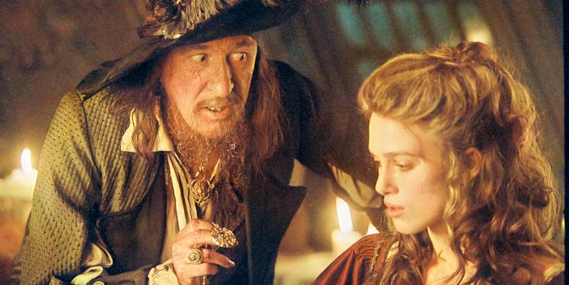 Barbossa intimidates Elizabeth Swan in The Curse of the Black Pearl.