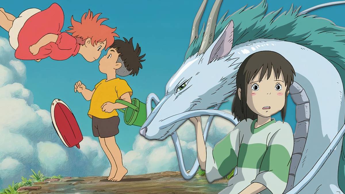 Ponyo melayang di atas Sosuke di samping Chihiro yang memegang Haku si naga di Spirited Away.