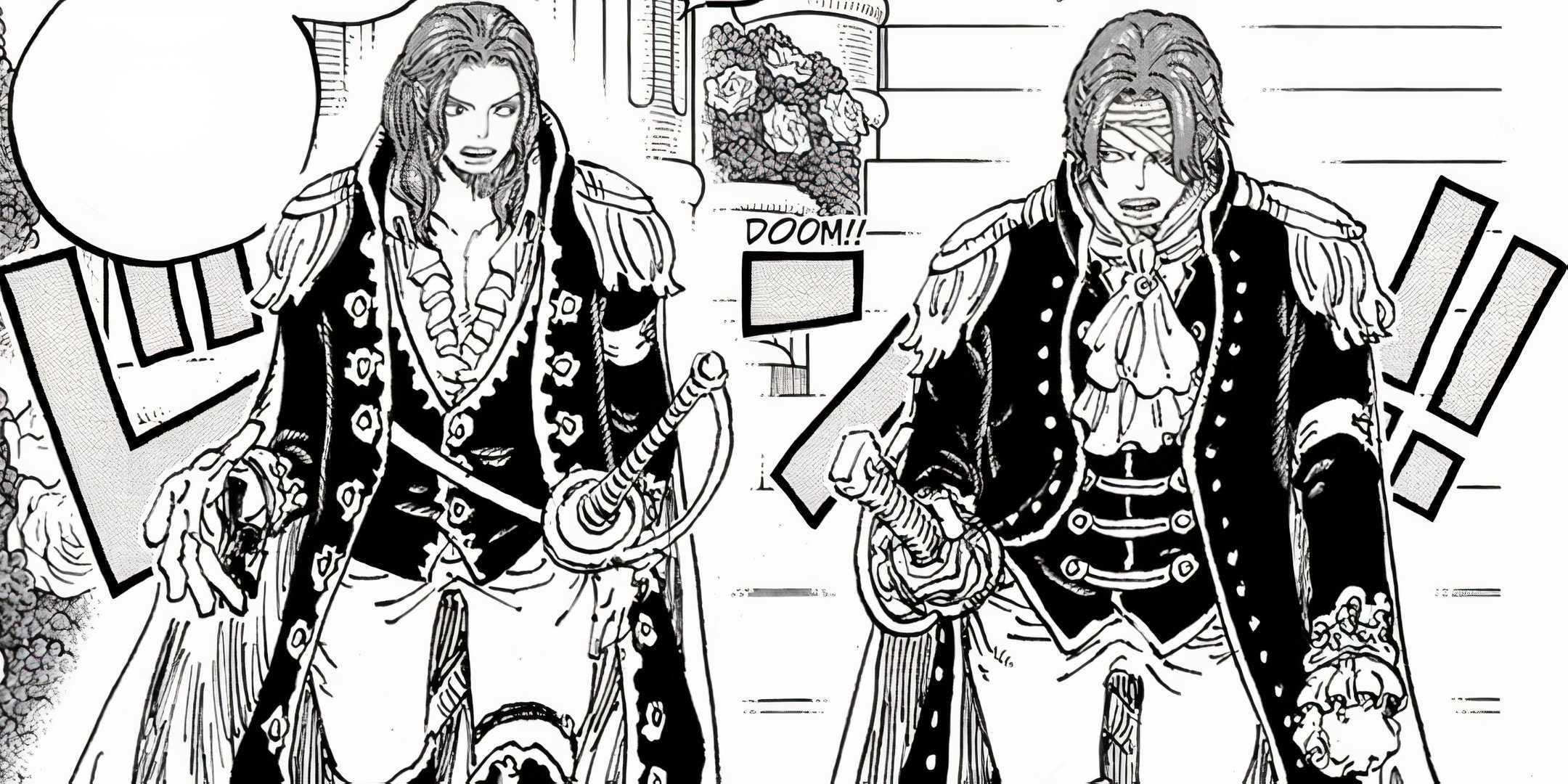 Shanks và Shamrock bước xuống cầu thang trong trang phục Thiên Long Nhân ở chương 1167 của One Piece.