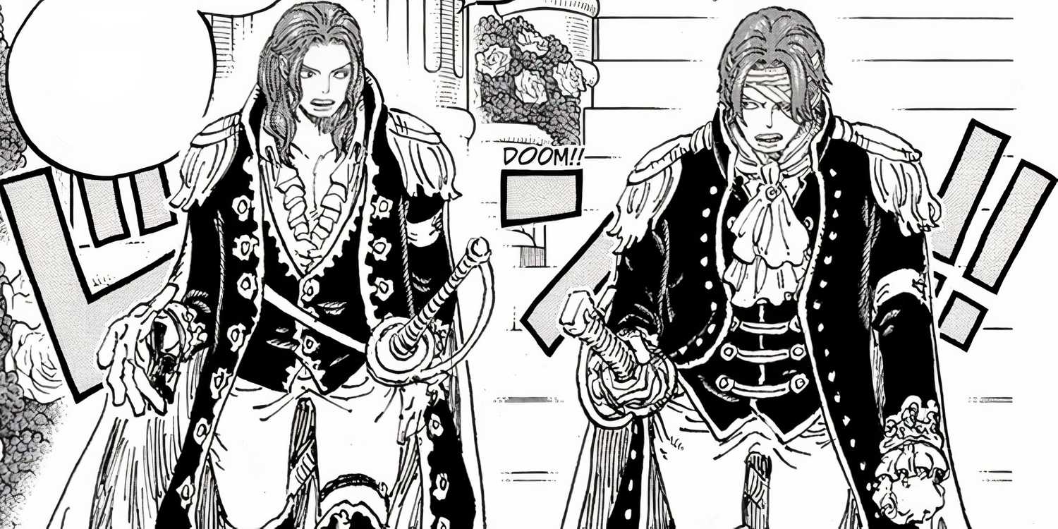 Shanks et Shamrock descendent un escalier vêtus des tenues du Dragon Céleste dans le chapitre 1167 de One Piece.