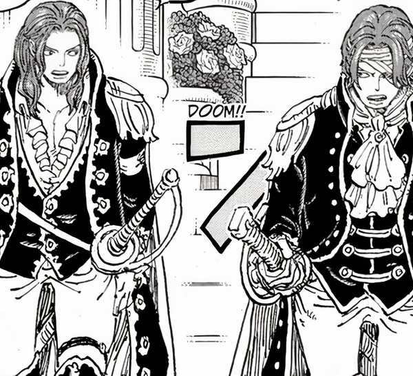 Shanks and Shamrock walks down a flight of stairs in Celestial Dragon regalia in One Piece Chapter 1167