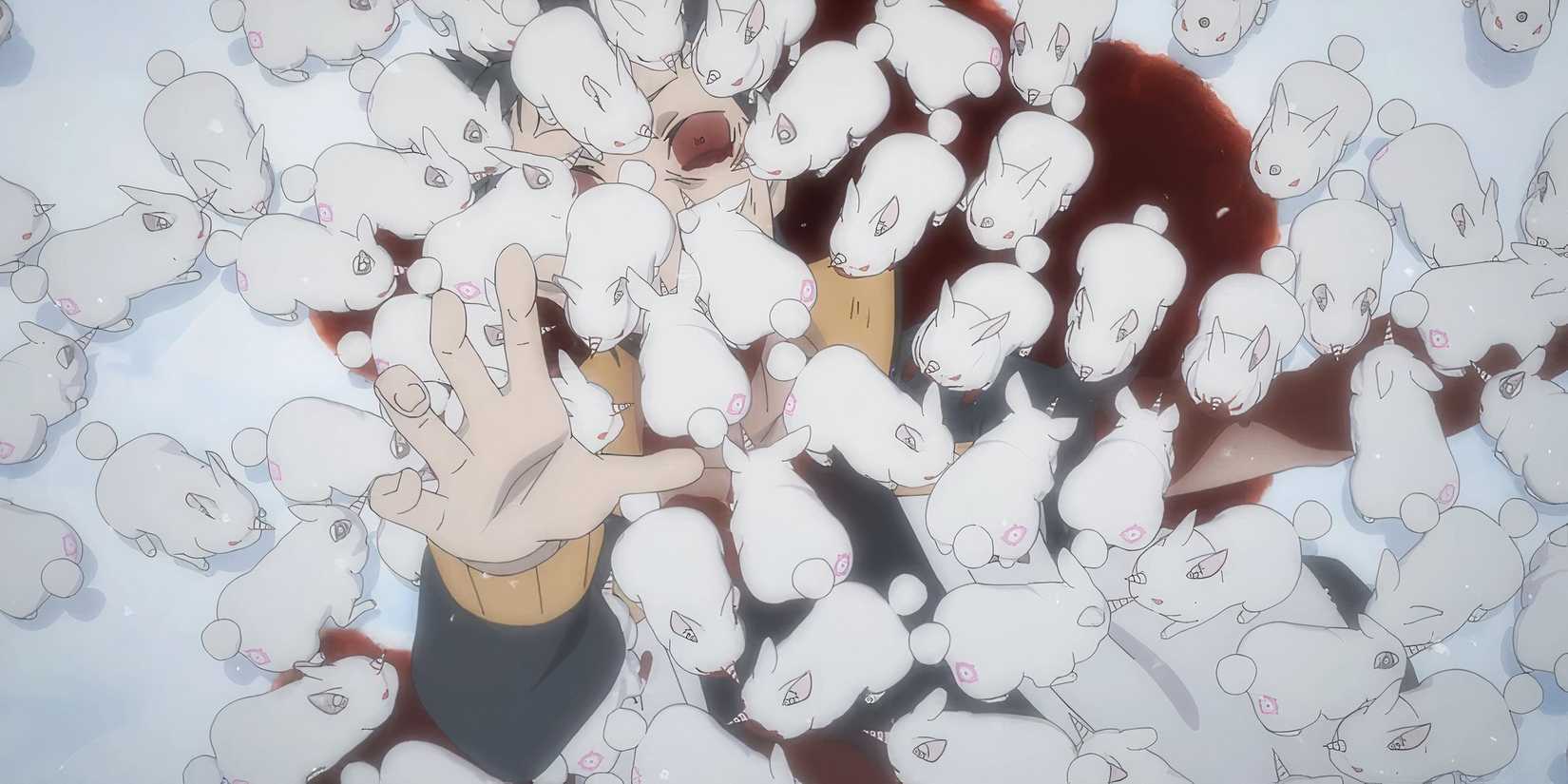 Subaru Natsuki reaches his hand out while being eaten alive by the Great Rabbit in Re Zero Season 2