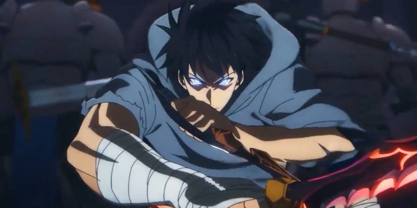 Sung Jinwoo in Solo Leveling in a combat posture with weapons in both hands and glowing eyes