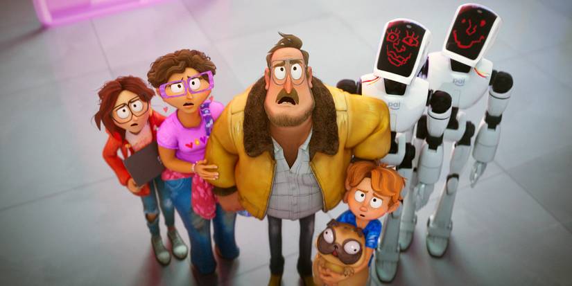 The Mitchells with Eric and Deborahbot 5000 look up at the sky in The Mitchells vs. the Machines