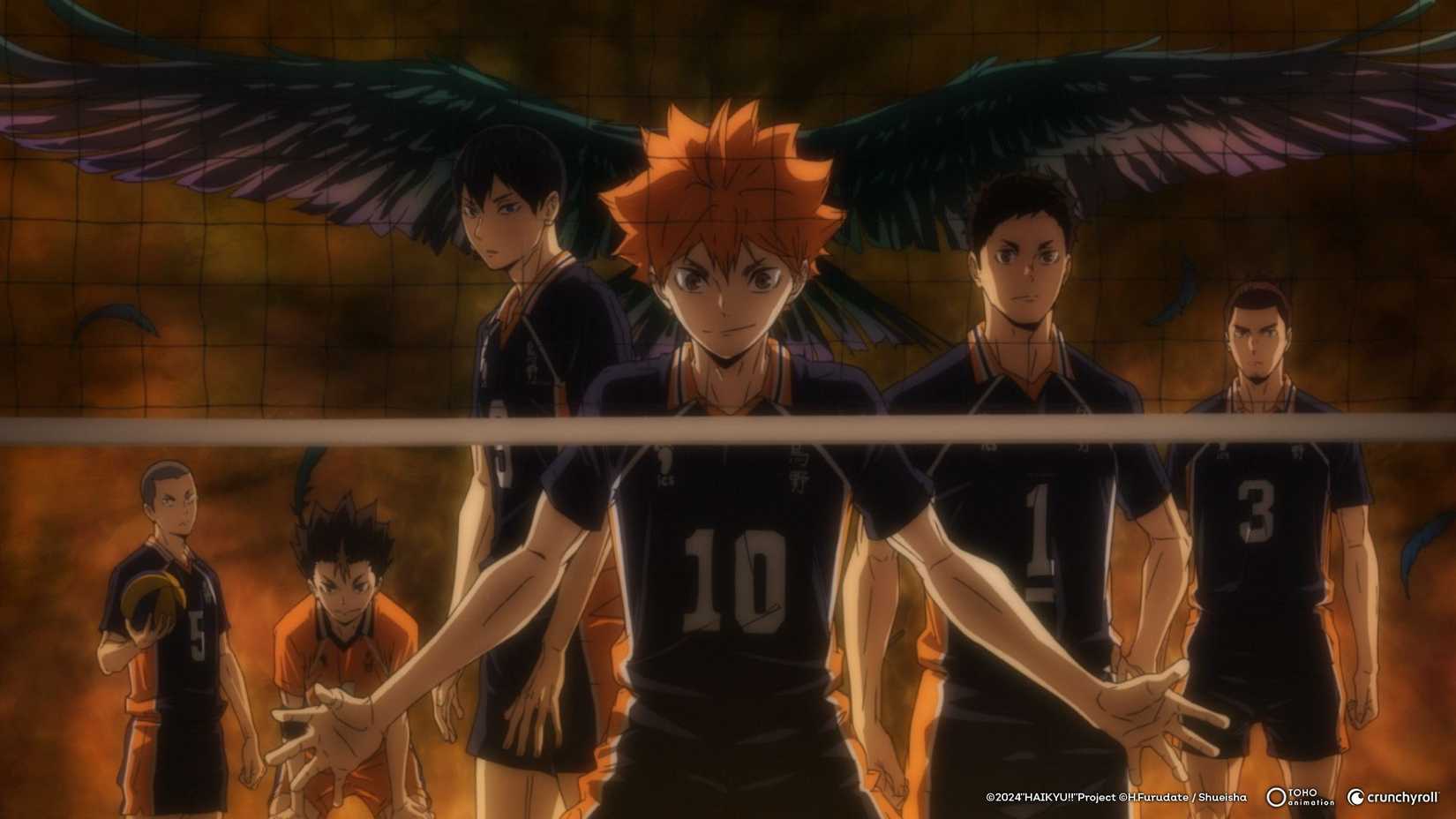 The Karasuno High volleyball team with crow wings in the background in Haikyu!!: The Dumpster Battle.