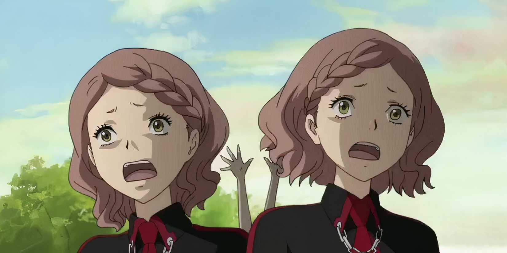 The Motoe twins run away from the Cerberus demon while screamining in Blood-C