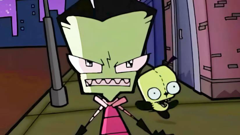 Zim walks down a sidewalk looking angry