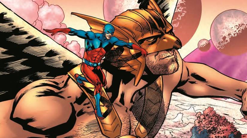 Hawkman flies with Ray Palmer Atom on his shoulder