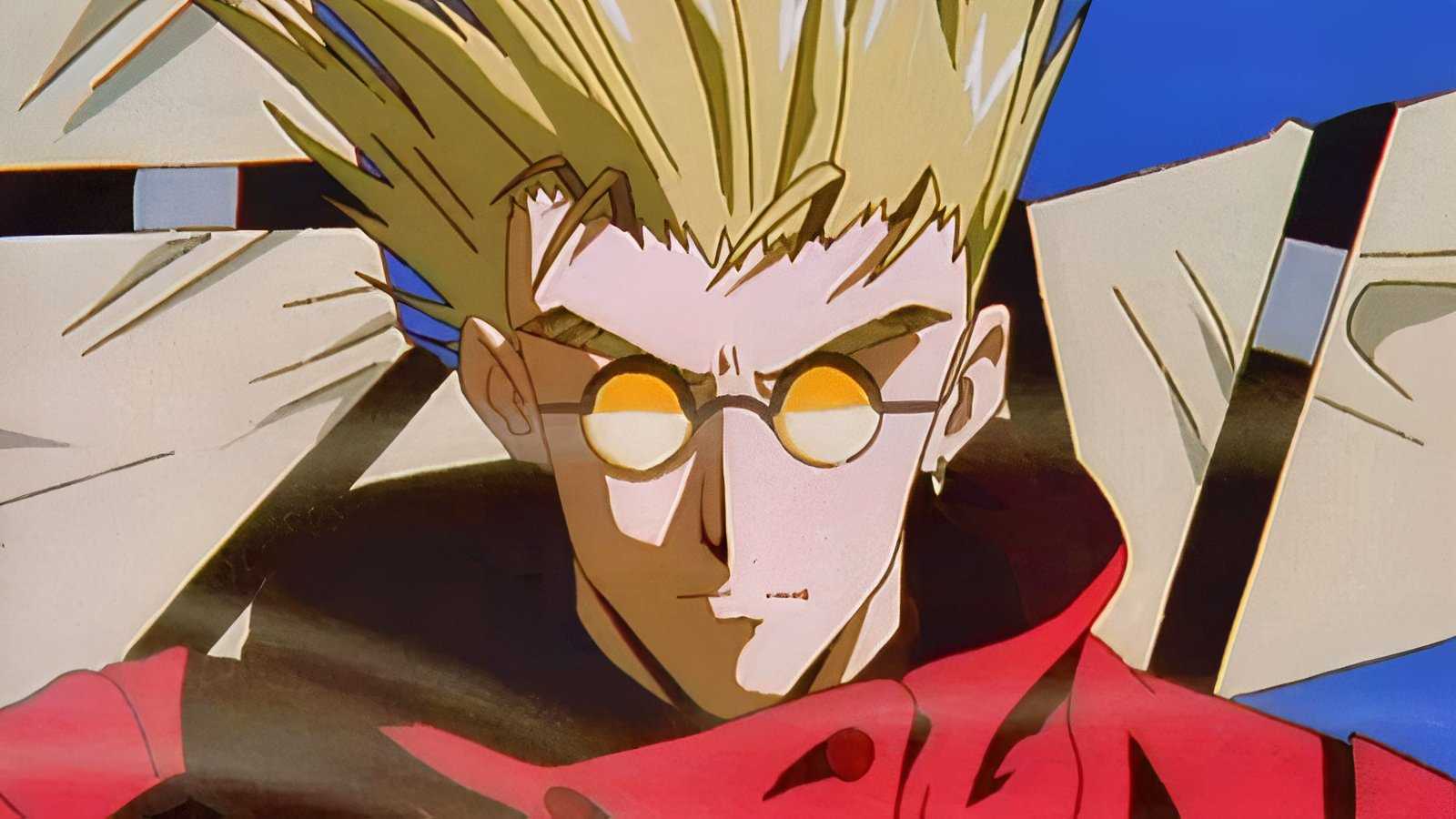 Vash walks with an intimidating stare in Trigun.