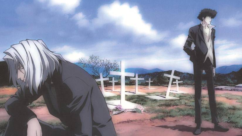 Vicious and Spike visiting a cemetery in the Cowboy Bebop Art book
