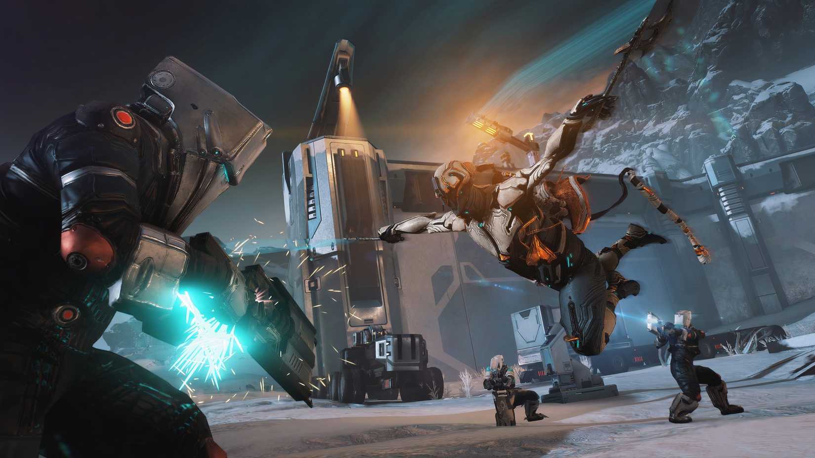 A Warframe character rushing forward with their swords out to attack an enemy even as players shoot in the background