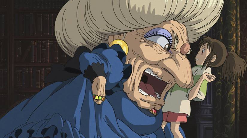 Yubaba criant au visage de Chihiro dans Le Voyage de Chihiro du Studio Ghibli