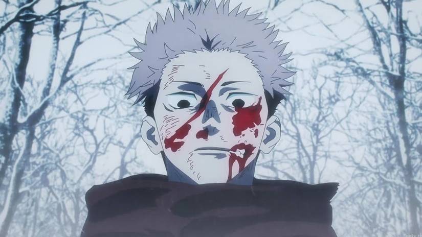 Yuji Itadori poursuivant Mahito dans la neige