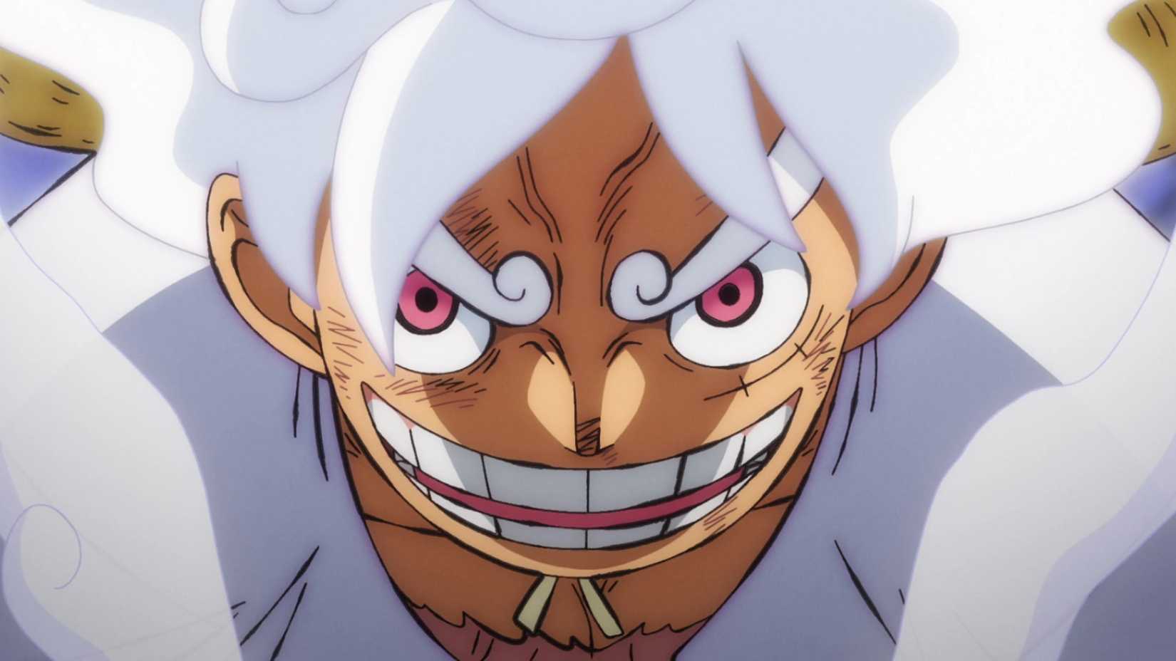 An up-close image of Gear 5 Luffy looking determined in Episode 1073 of the One Piece anime series.