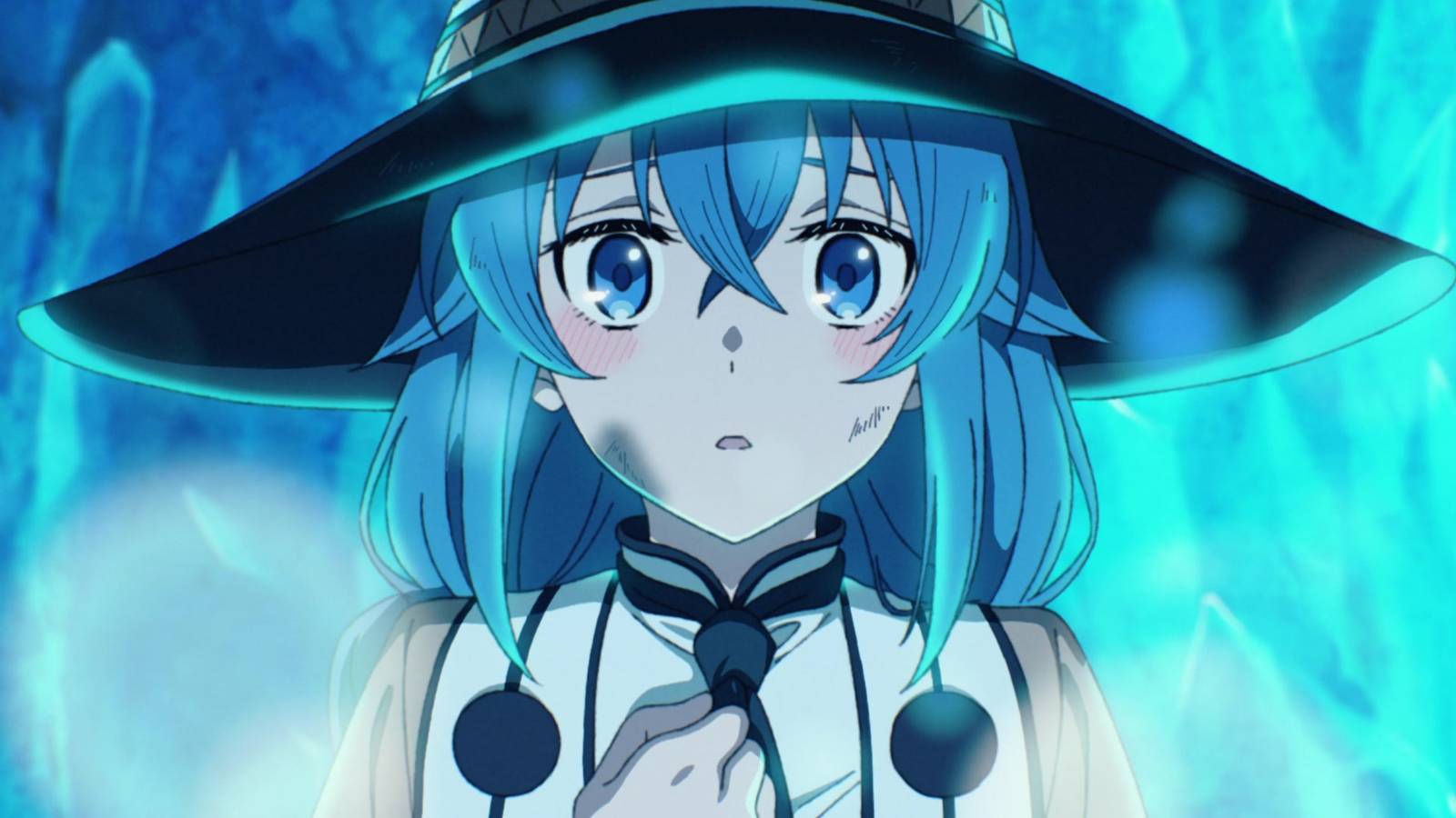 A mesmerizing anime shot of Roxy Migurdia's face from Mushoku Tensei: Jobless Reincarnation Season 2.