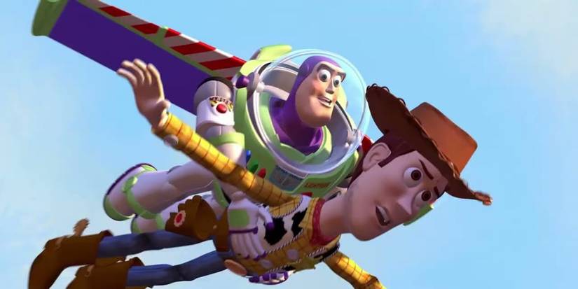 Buzz and Woody flying in Toy Story