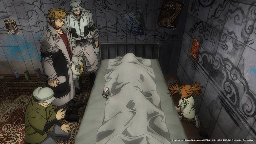 Gachiakuta characters mourn around Gob's covered dead body