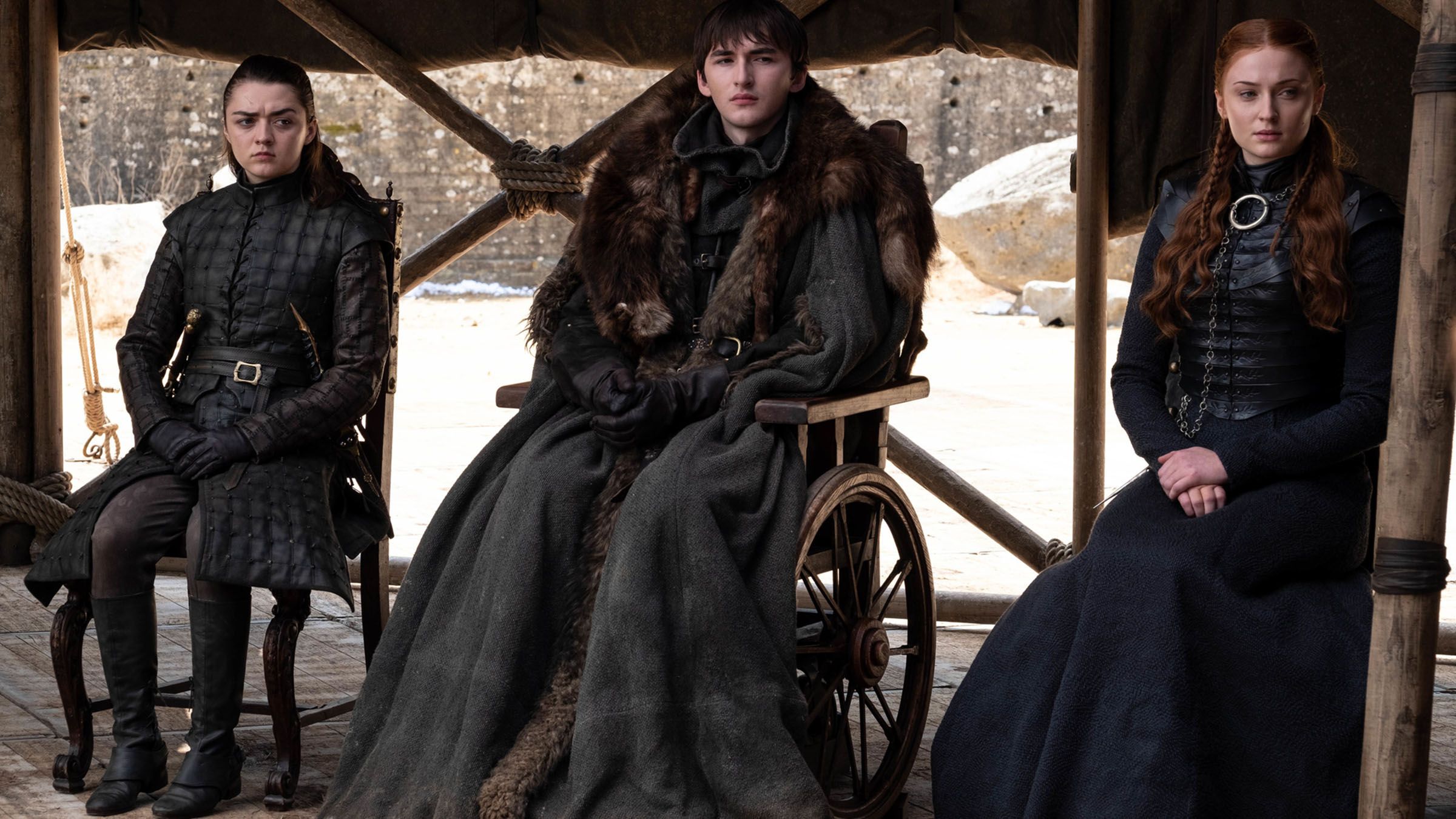 Arya (Maisie Williams), Bran (Isaac Hempstead Wright) and Sansa (Sophie Turner) in the final episode of Game of Thrones
