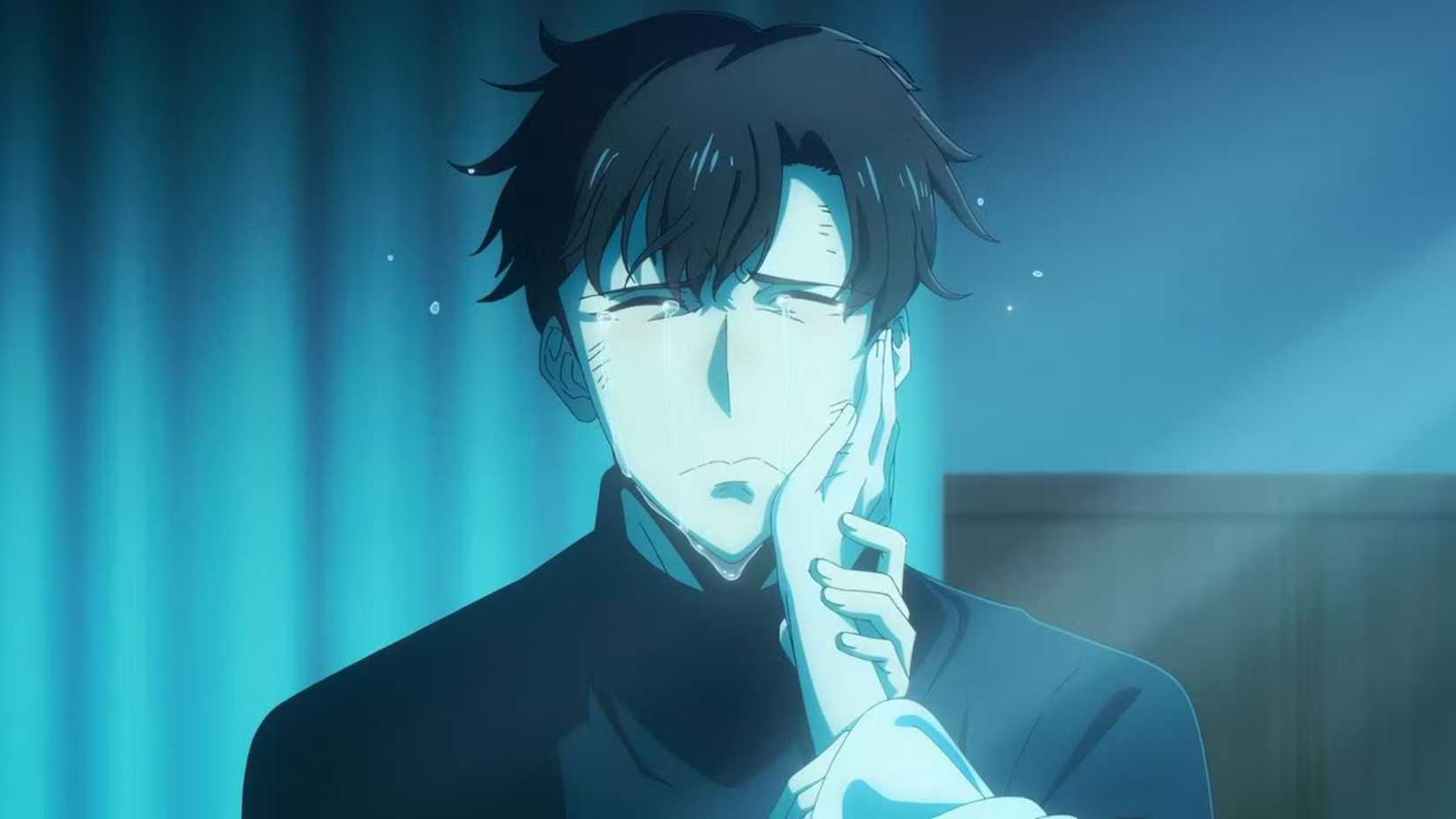 Jinwoo crying in Solo Leveling while talking to his mother