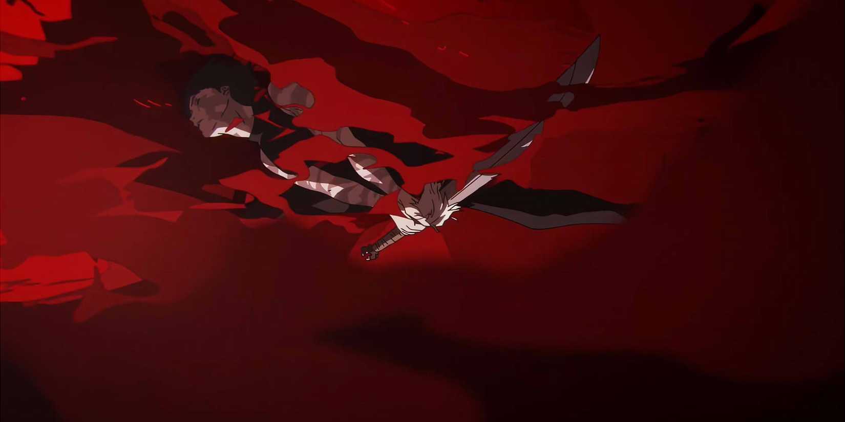 Maki Zenin surrounded by blood as she swings the sword from Mai in Jujutsu Kaisen Season 3 opening.