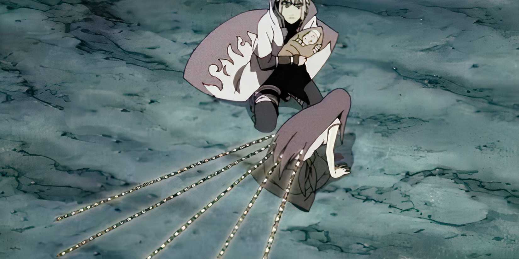 Kushina uses the Adamantine Sealing Chains as Minato watches while carrying an infant Naruto