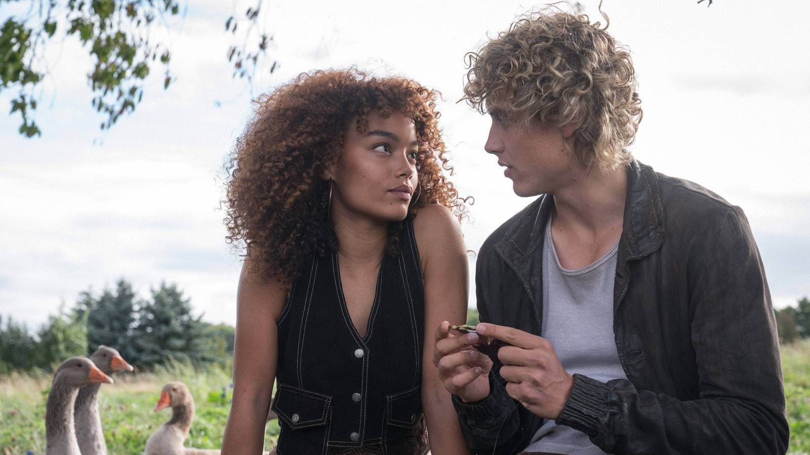 Lenore Dove Baird (Whitney Peak) and Haymitch Abernathy (Joseph Zada) from The Hunger Games: Sunrise on the Reaping