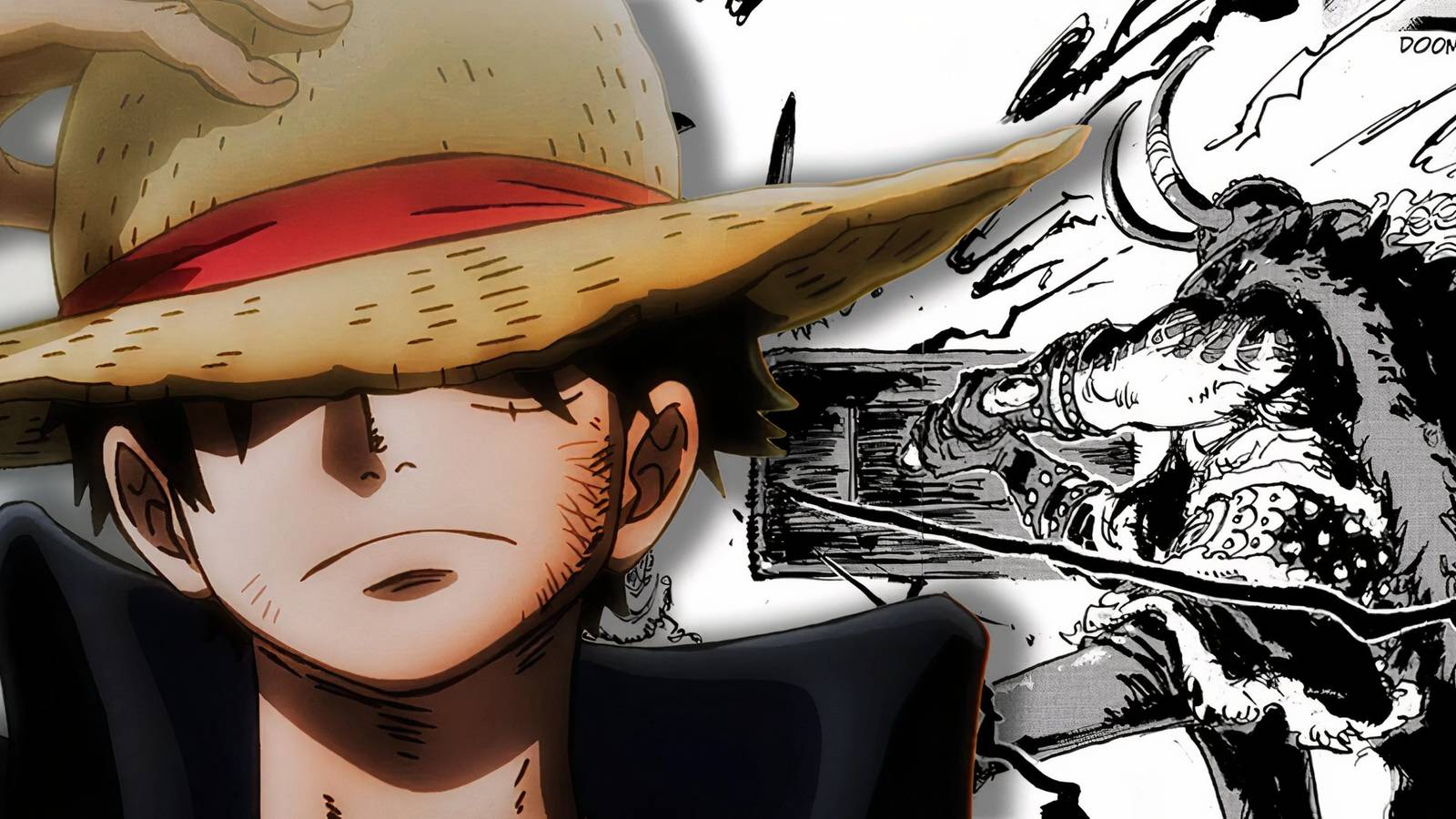 A custom image featuring Loki swings Ragnir behind Monkey D. Luffy in the One Piece manga and anime, respectively
