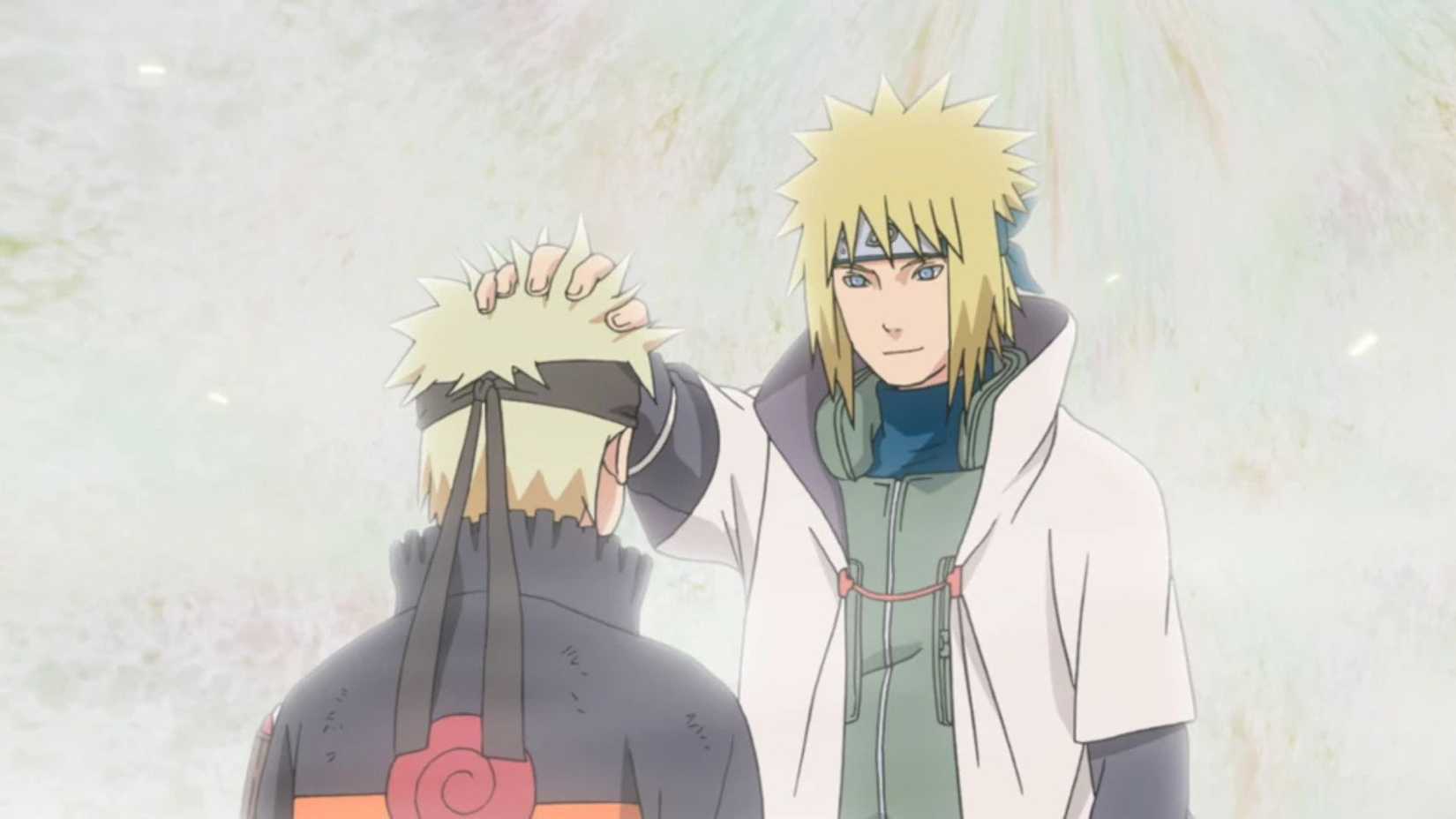 Minato patting his son Naruto in Naruto