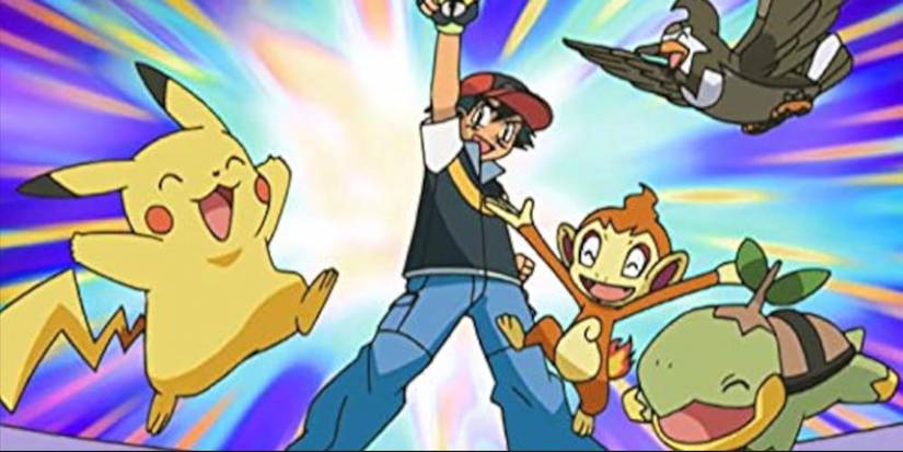 Ash celebrates a victory with his Pokemon in Hearthome City.