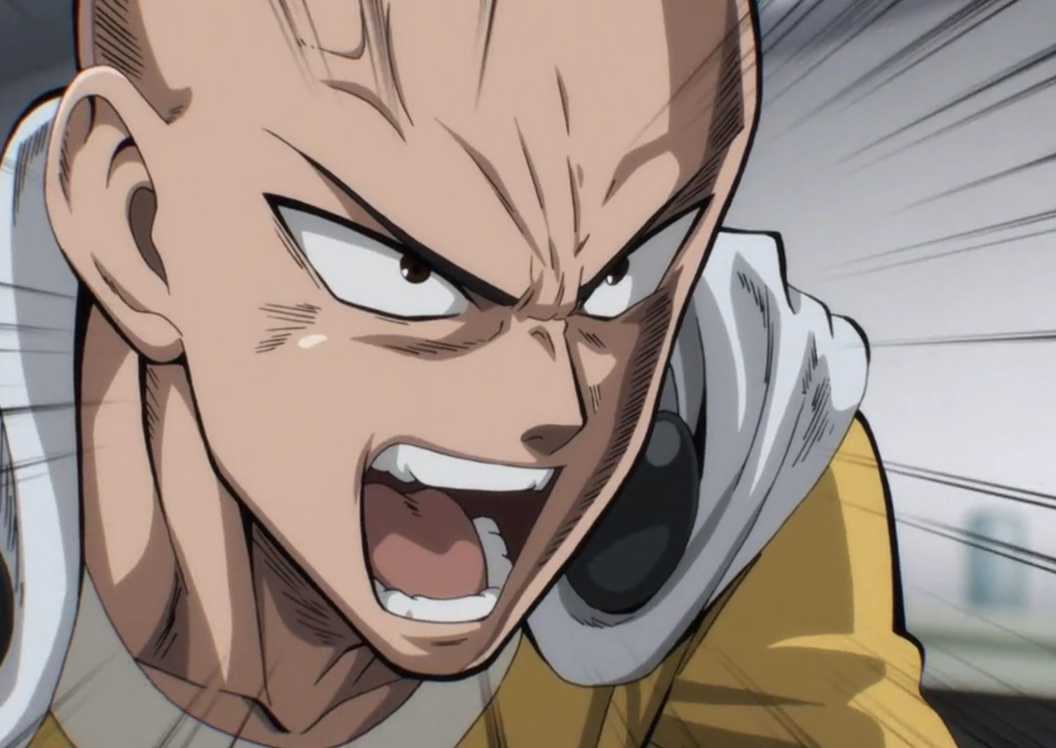 Saitama raging with a bulging vein on his forehead in One-Punch Man Season 3