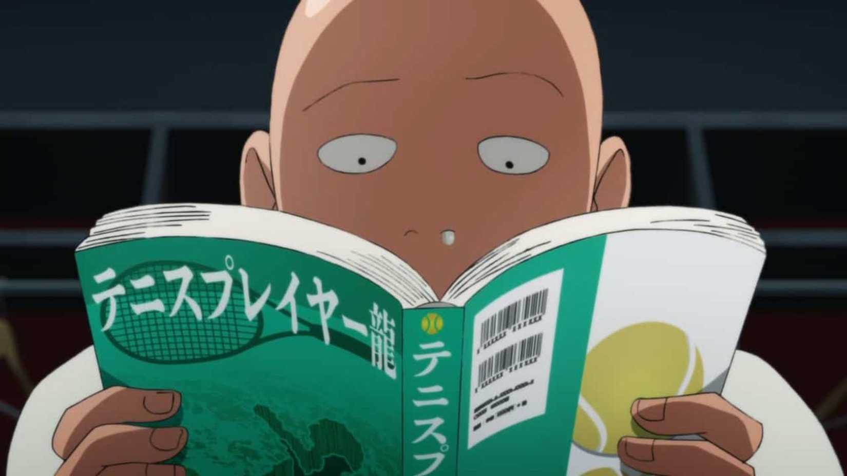 Saitama reading a magazine in One-Punch Man