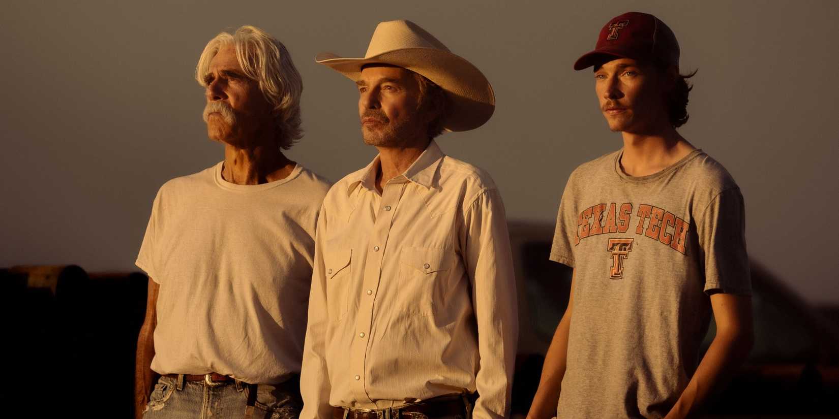 Sam Elliott as TL Billy Bob Thornton as Tommy Norris and Jacob Lofland as Cooper in Landman Season 2's finale