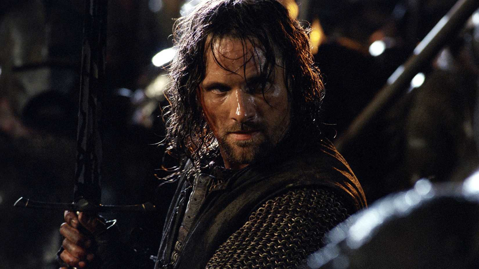 Viggo Mortensen as Aragorn during the Battle of Helms Deep in The Lord of the Rings The Two Towers