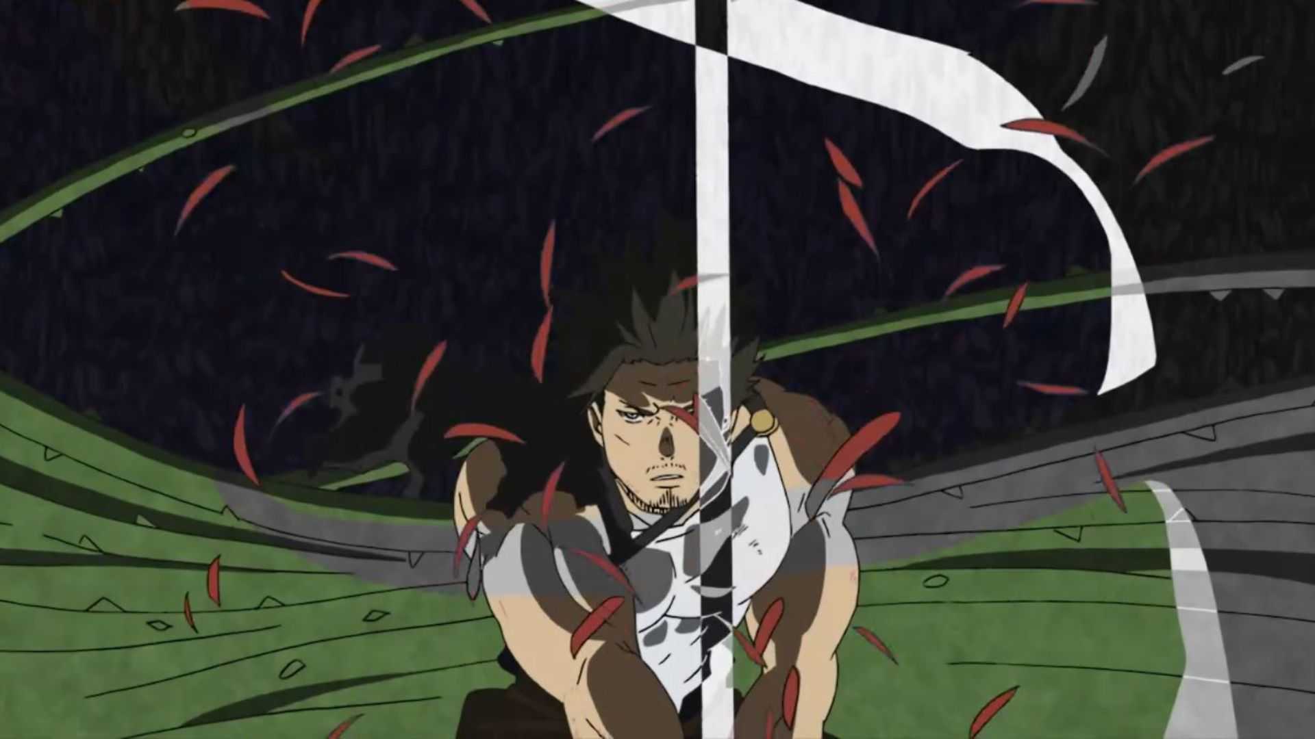 Yami Sukehiro holding his blade with both hands as energy swirls around him while he prepares his Dimension Slash in Black Clover