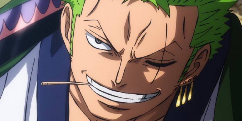 Roronoa Zoro smirks with a twig in his mouth in One Piece's Wano Arc