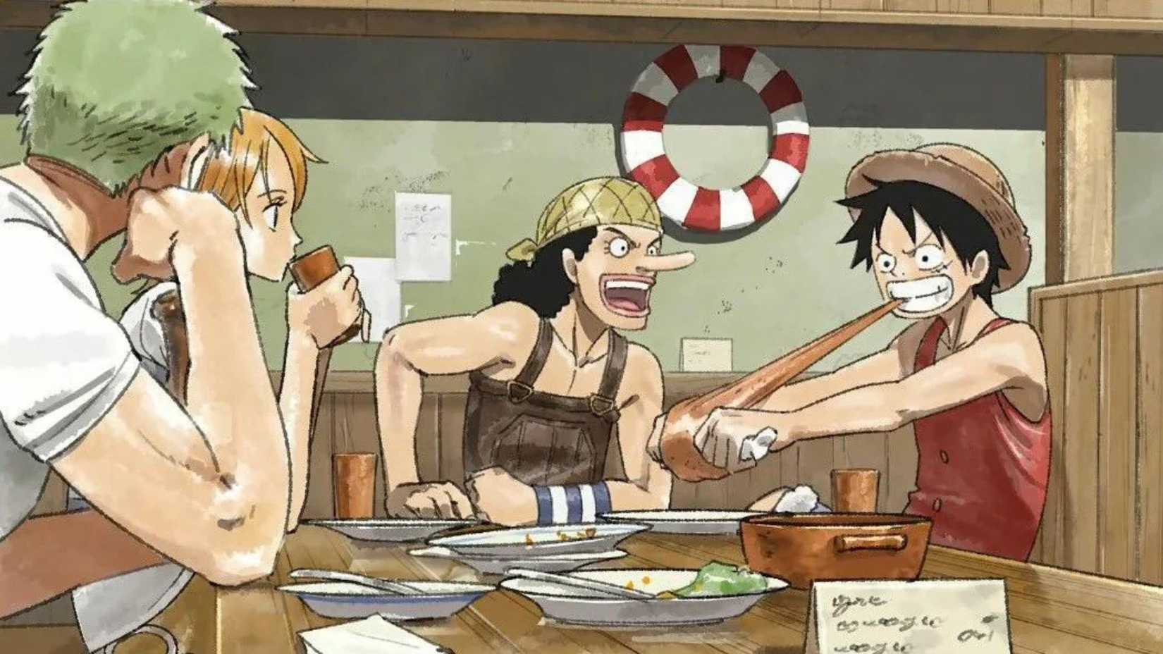 Zoro, Nami, Usopp et Luffy dînent dans l'art conceptuel du remake de One Piece