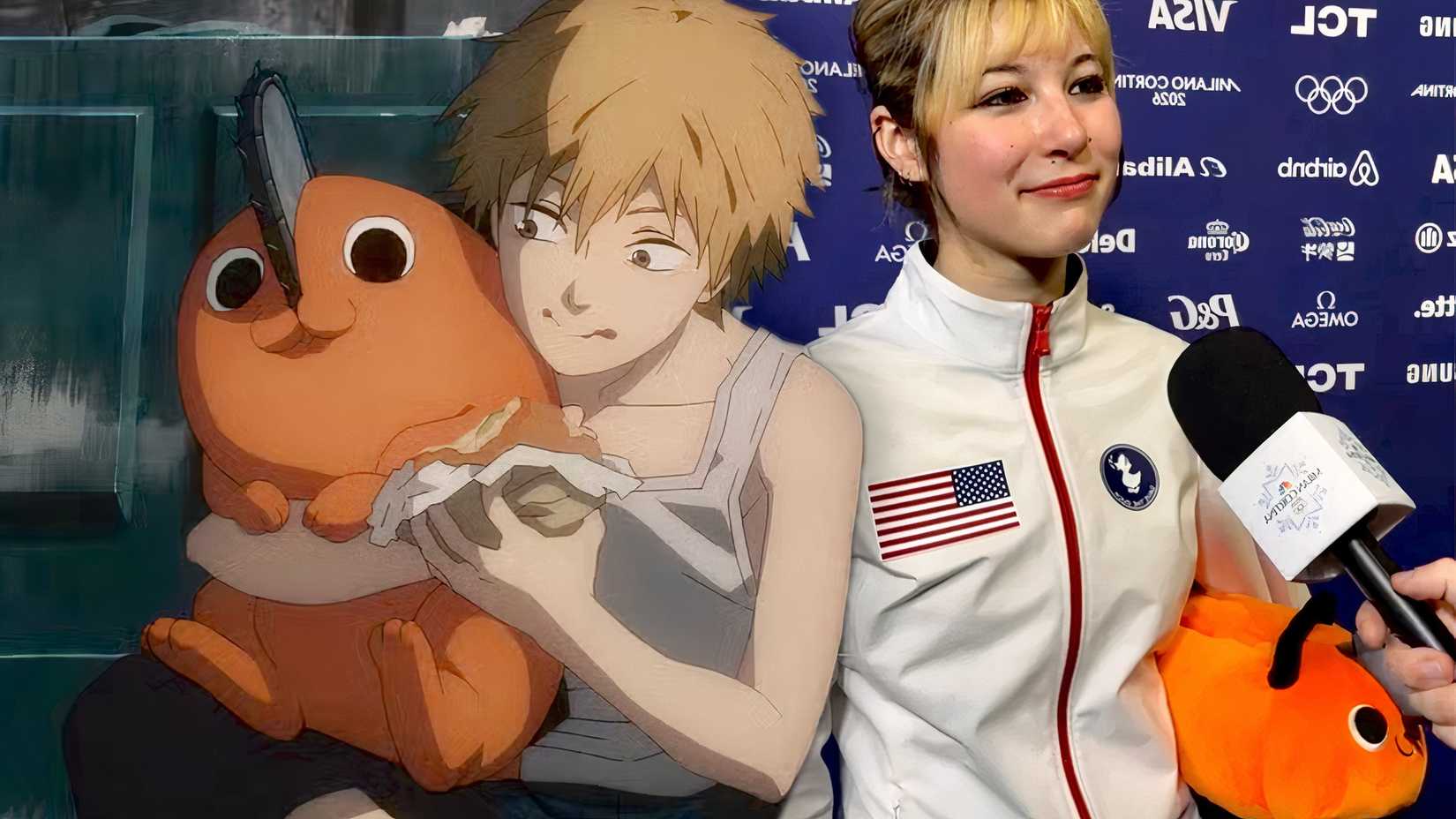 Denji and Pochita hang out with Alyssa Liu at the 2026 Winter Olympics