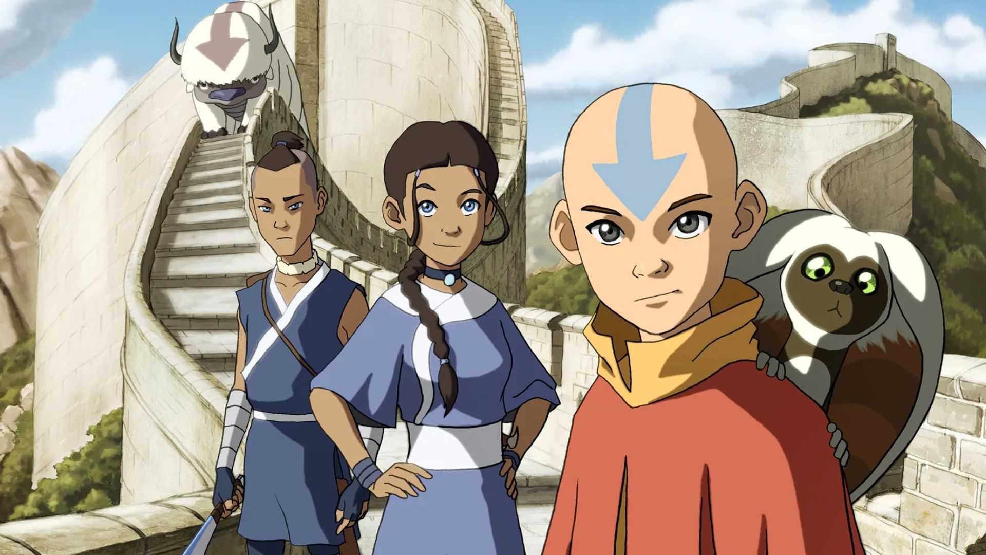 Aang and Momo with Sokka, Katara and Appa in the background in Avatar The Last Airbender