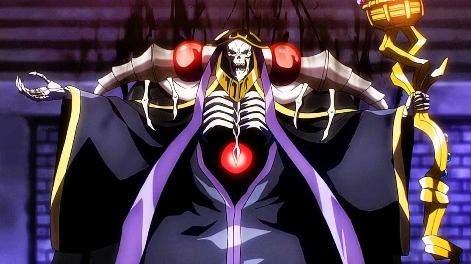 Robe Ainz Ooal avec les bras écartés dans la série animée Overlord Dark Fantasy.