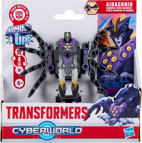 The front of the packaging for Transformers: Cyberworld Armored Cyber Changers Airachnid.
