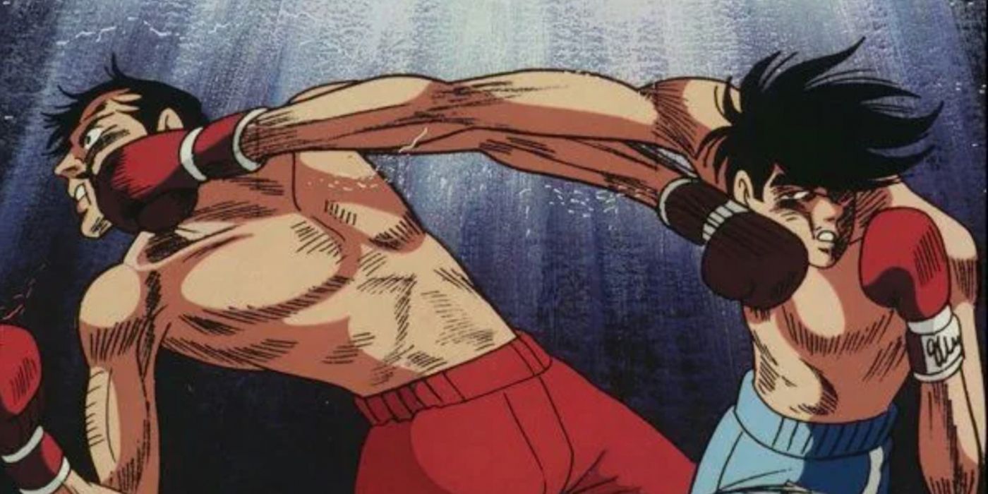 Joe's cross counter punch connects with Wolf in Ashita no Joe.