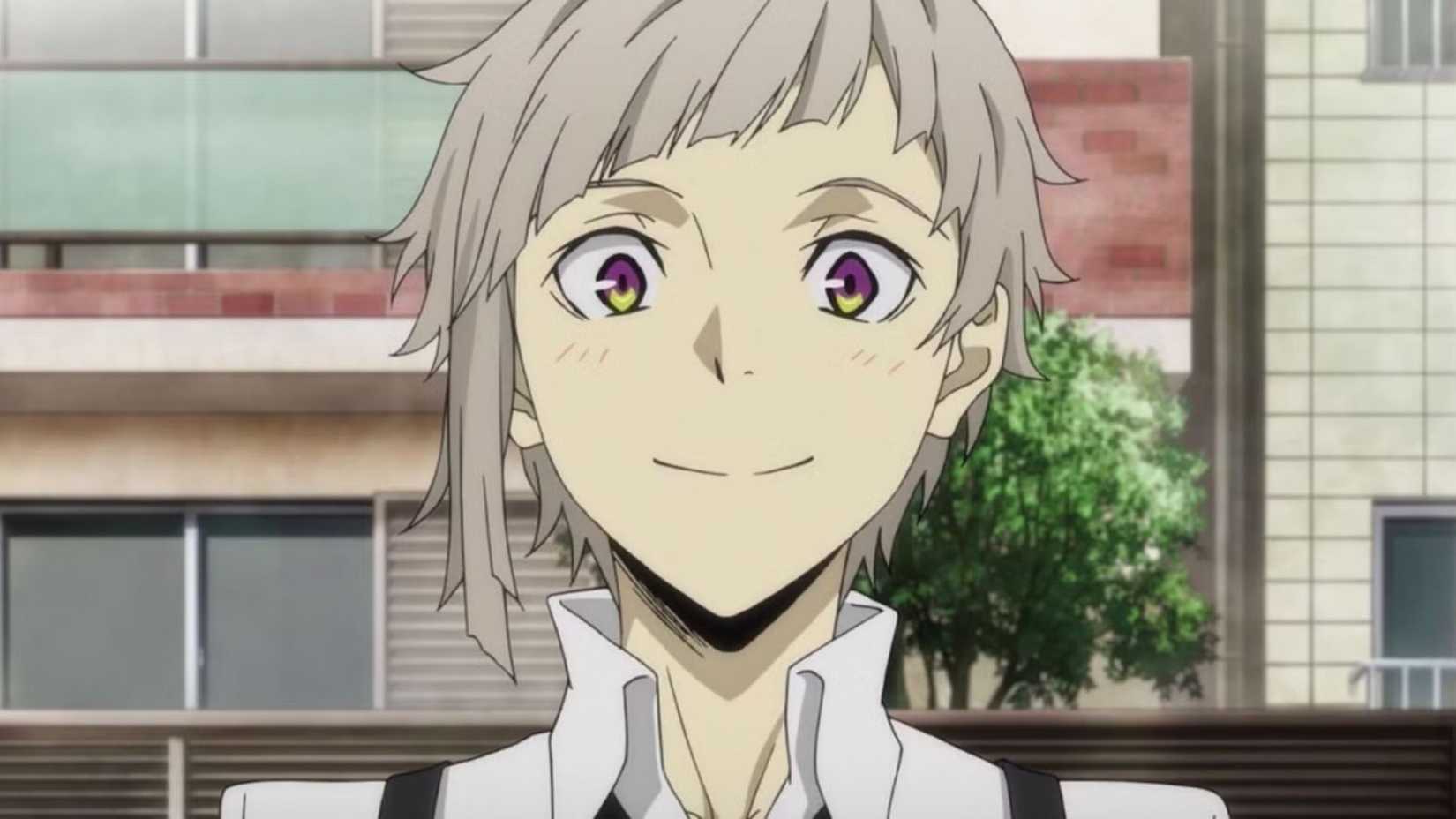 Atsushi Nakajima smiling and blushing on the streets in Bungo Stray Dogs