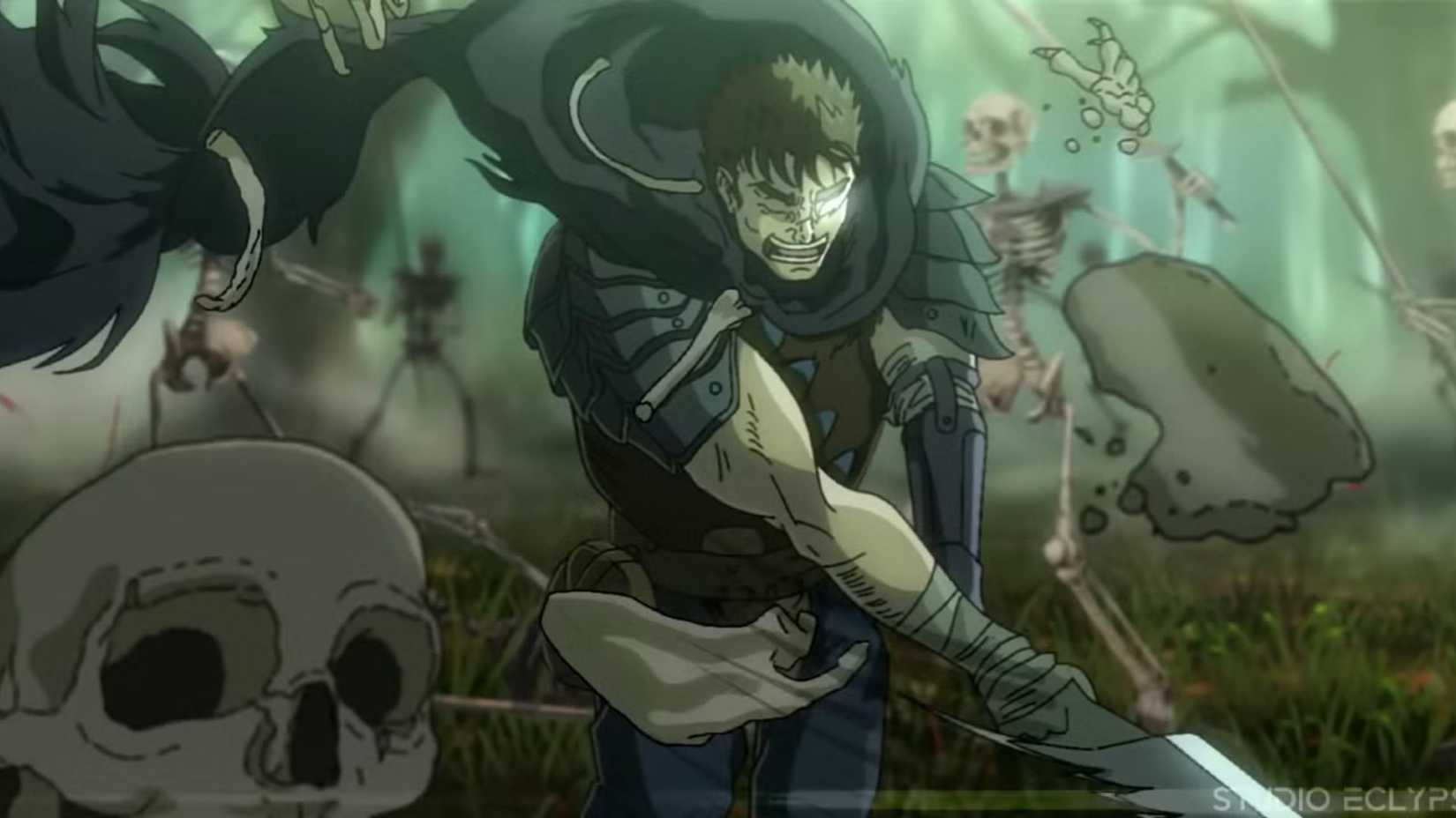 Berserk Guts combattant à travers des soldats squelettes.