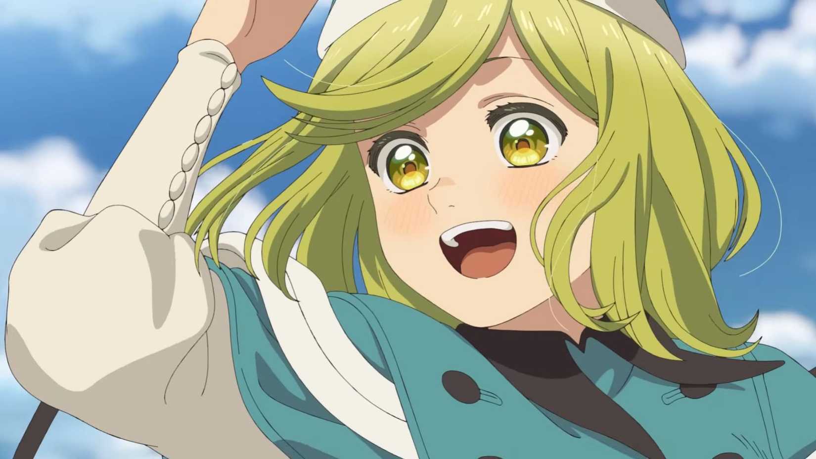 Coco looks aheadin excitement on a sunny day in the Witch Hat Atelier anime