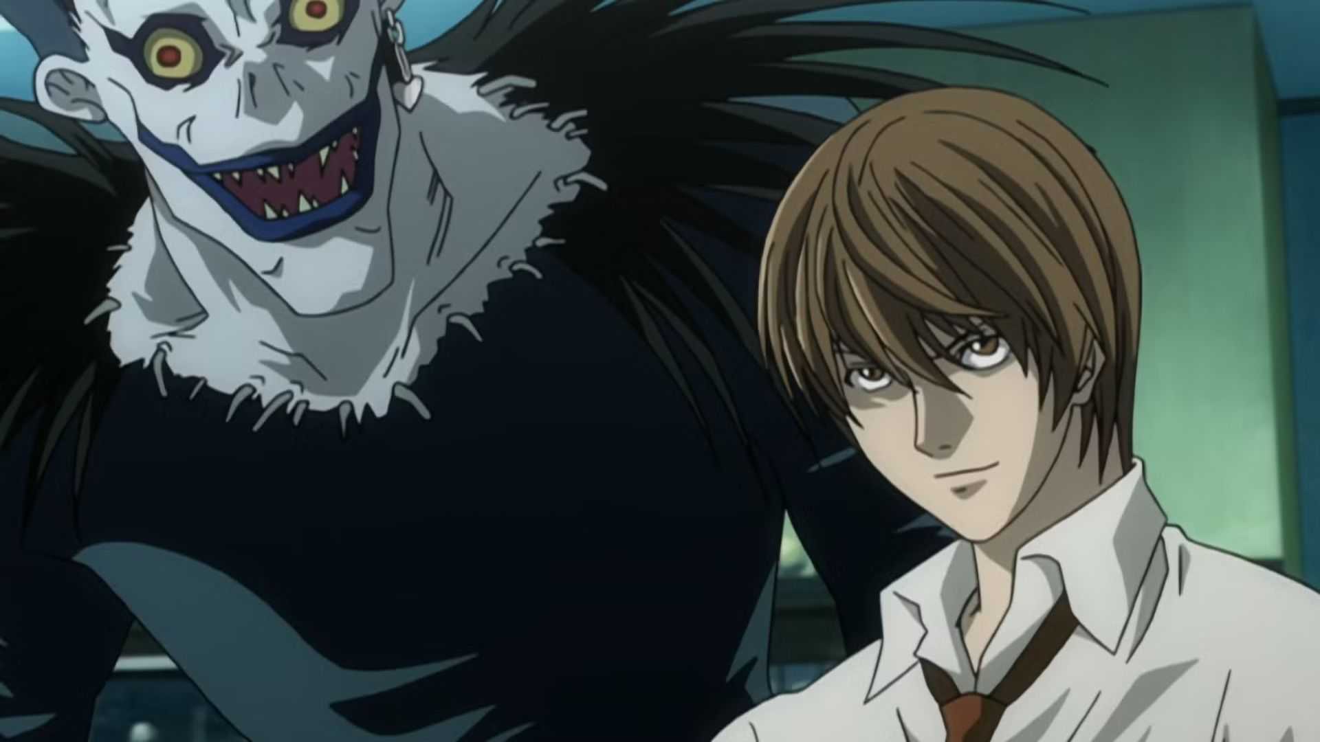 Light Yagami sits near Ryuk in his bedroom in Death Note.