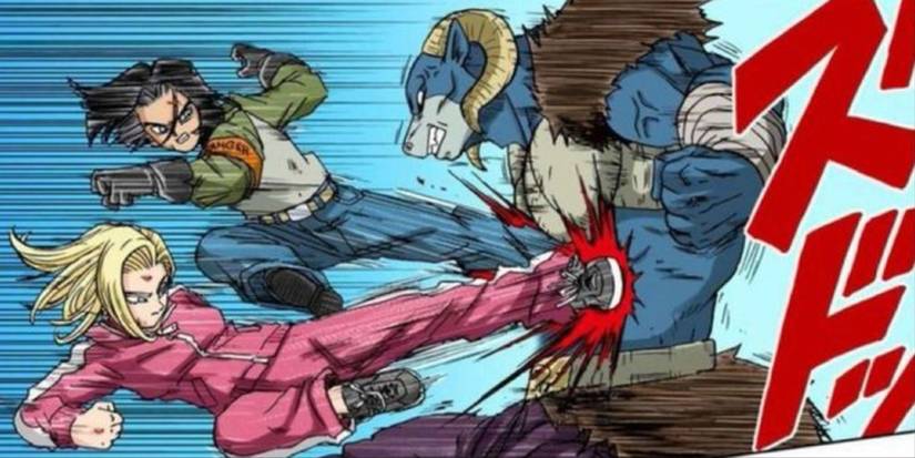 Androids 17 and 18 kick Moro in the chest in Dragon Ball Super manga.