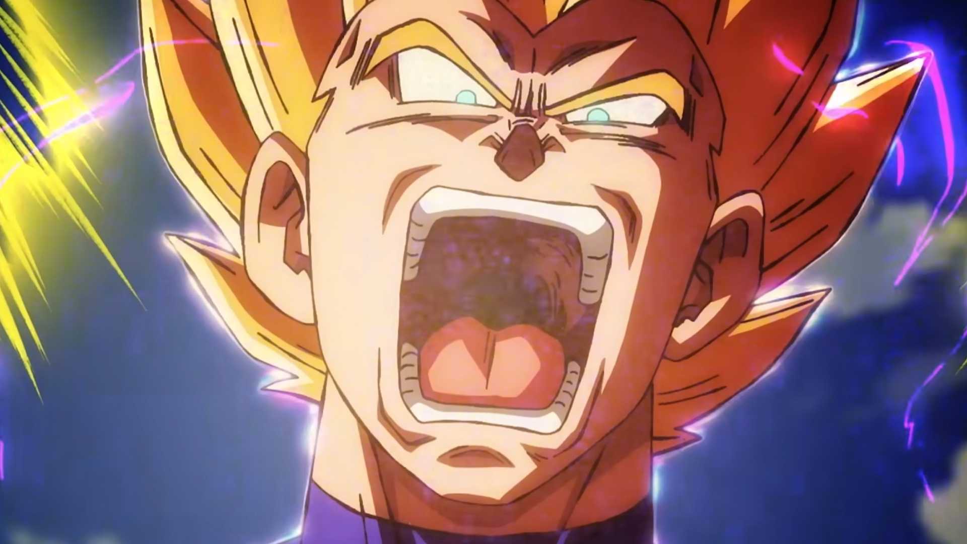 Super Saiyan Vegeta erupts in rage in Dragon Ball Super: Beerus.