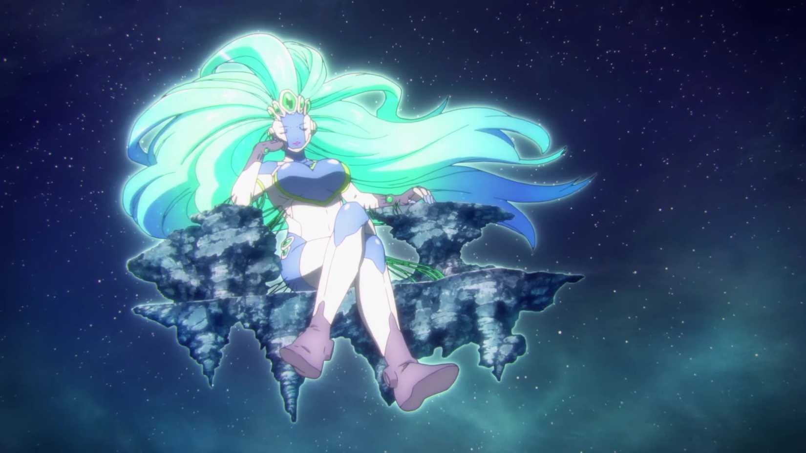 Mother from Edens Zero sitting on a giant rock formation in space with a smile on her face and her eyes closed