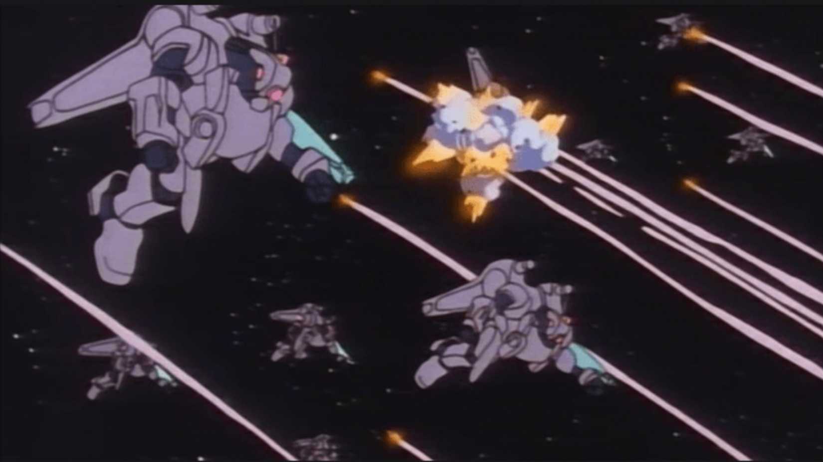 Mecha units get shot down in space war in Ehrgeiz.
