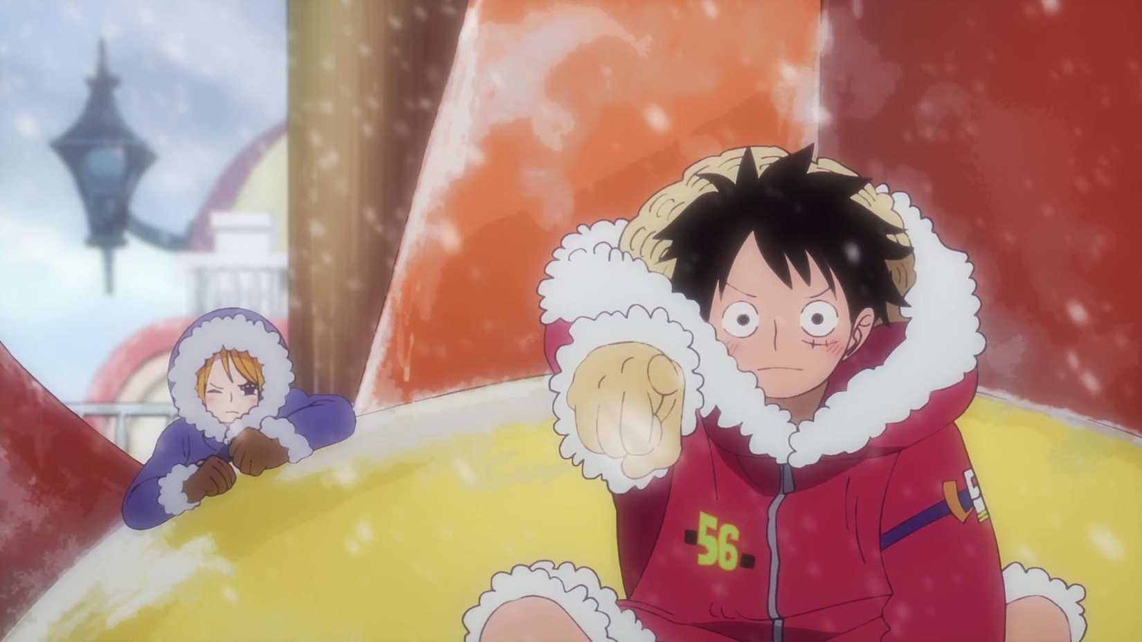 Luffy et Nami en tenue d'hiver sur un bateau dans Entering a New Chapter ! Les chemins de Luffy et Sabo !